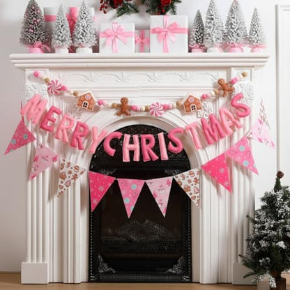 Christmas Felt Banner Set Pink White Gingerbread Holiday Decorations