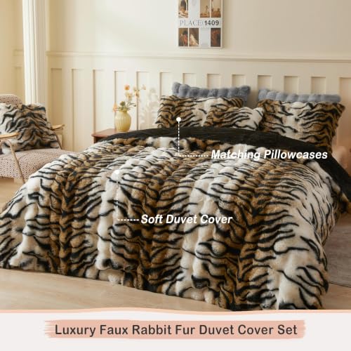 Queen Tiger Print Faux Rabbit Fur Duvet Cover Set - 3 Pieces, Brown