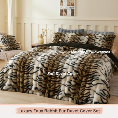 Queen Tiger Print Faux Rabbit Fur Duvet Cover Set - 3 Pieces, Brown