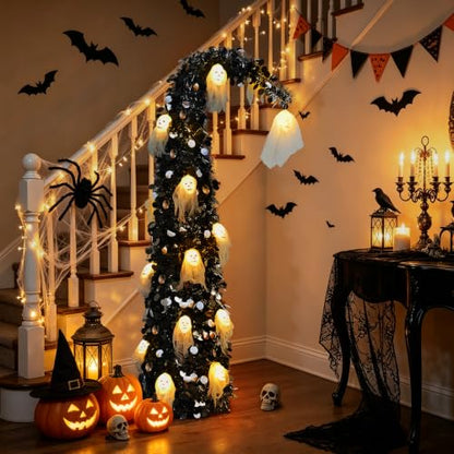 Black Halloween Tree with Ghost Skull Lights - 5ft Pop Up Tinsel Tree - Variation: Ghost Skull
