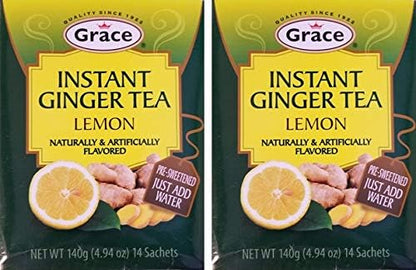 Grace Instant Lemon Ginger Tea 4.94 oz - 2 Pack - Ginger Lemon Tea Bags - 28 Count