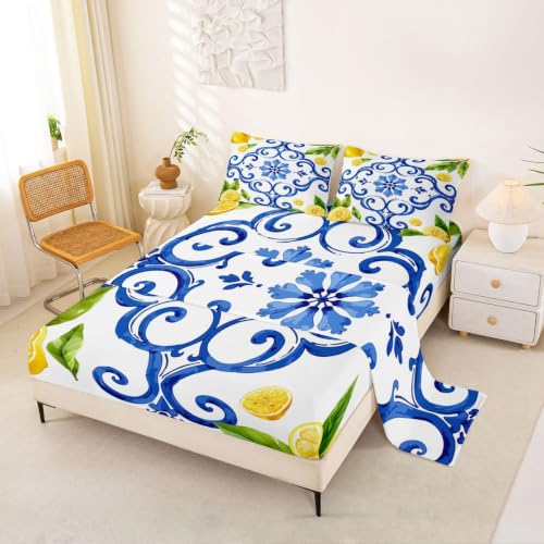 Blue Tile Lemon Full Bed Sheets Set - Bright Yellow Swirl Mandala Design