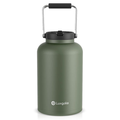 Luxgola 128 oz Insulated Water Jug with Straw Lid and Handle, One Gallon Stainless Steel Double Vacuum Water Bottle for Hot & Cold Drinks - Sweat Proof, Great for Travel, Hiking, Camping - Olive Green