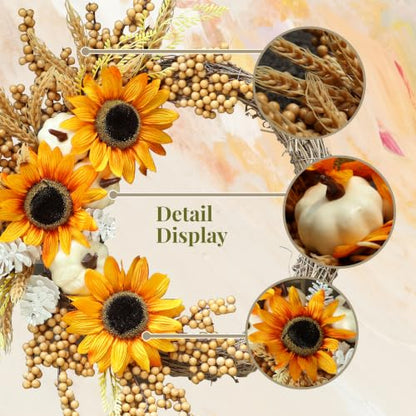 20 Inch Fall Sunflower Wreath with White Pumpkin and Berries for Front Door