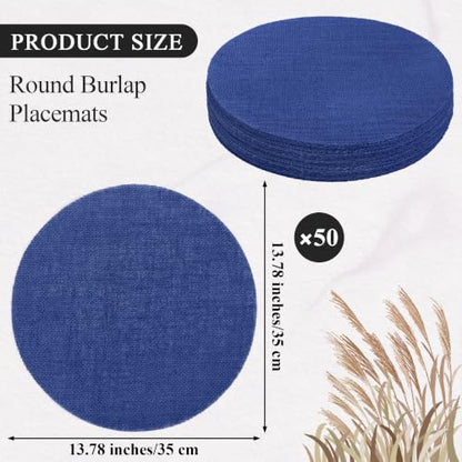 Blue Burlap Placemats Set of 50 - 13.78 Inch Reusable Natural Jute Table Mats