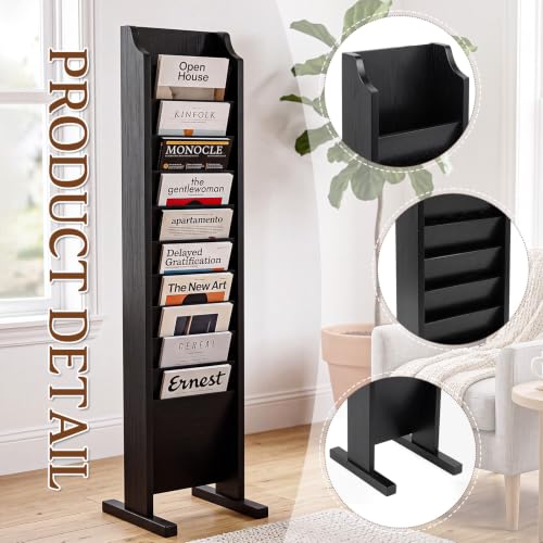 Solid Wood Magazine Rack Floor Stand Black 11x12x49 Inches - Sintuff
