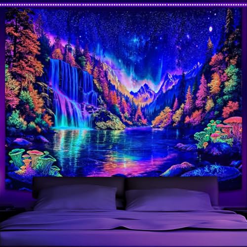 Blacklight Nature Forest Mountain Waterfall Tapestry 48x36 Inch - Purple Fluorescence