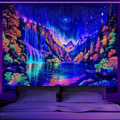 Blacklight Nature Forest Mountain Waterfall Tapestry 48x36 Inch - Purple Fluorescence