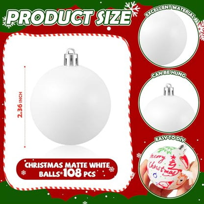 108 Pcs DIY Christmas Ornament Balls - 2.36 Inch White Holiday Decorations with Customizable Surface - Safe Plastic Tree Decor