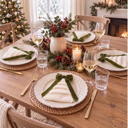 FoldTier Christmas Cloth Napkins Set with Velvet Bows - Green, 12 Pack