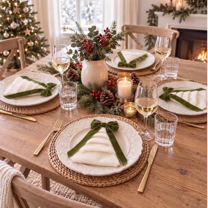 FoldTier Christmas Cloth Napkins Set with Velvet Bows - Green, 12 Pack