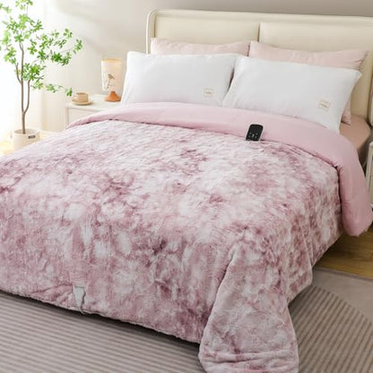 Pink Faux Fur Heated Blanket Queen Size with Wireless Remote 90x90