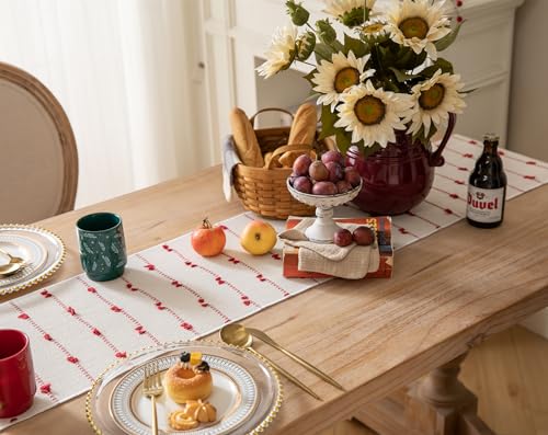 Caflife Christmas Table Runner 13x90 Inch Red and Beige Cotton with Tassels - Farmhouse Holiday Decor