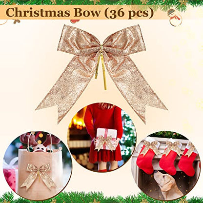 Waydress Glitter Christmas Tree Ribbon Bow Set - Champagne Gold, 36 Pieces