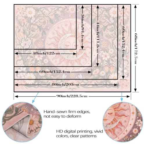 Pink Sun and Moon Boho Tapestry 48x36 Inch - Vintage Floral Wall Hanging