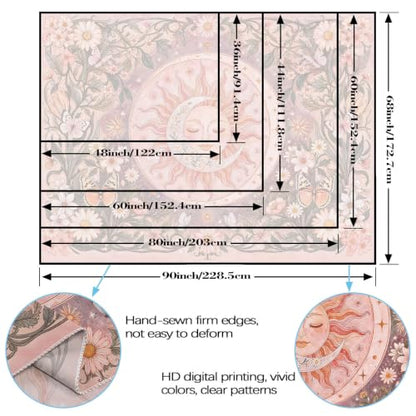 Pink Sun and Moon Boho Tapestry 48x36 Inch - Vintage Floral Wall Hanging