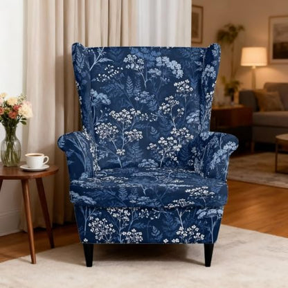 Blue Flower Leaves Wild Botanical Wingback Chair Slipcover 2-Piece Washable Furniture Protector
