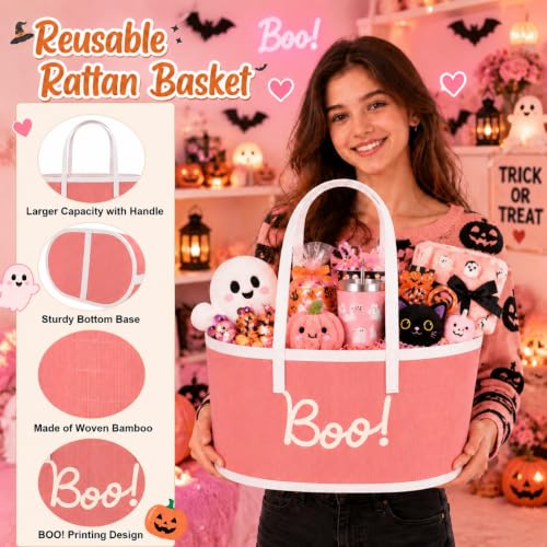 Pink Halloween Gift Basket - Large Foldable Woven Bamboo Decor