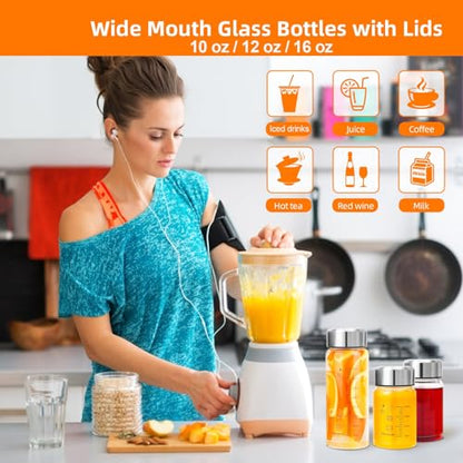 16 oz Glass Juice Bottles with Wide Mouth and Stainless Steel Lids - Reusable Leakproof Water & Smoothie Bottles