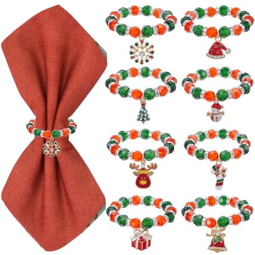 Christmas Beaded Napkin Rings Set - Red & Green Snowman Bell Charms, 8 Pieces - Holiday Table Decor