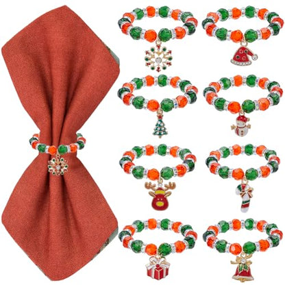 Christmas Beaded Napkin Rings Set - Red & Green Snowman Bell Charms, 8 Pieces - Holiday Table Decor