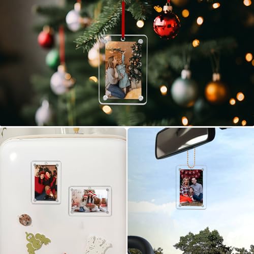 Clear Acrylic Christmas Photo Ornament Set of 4 - 2x3 Inch Magnetic Picture Frames