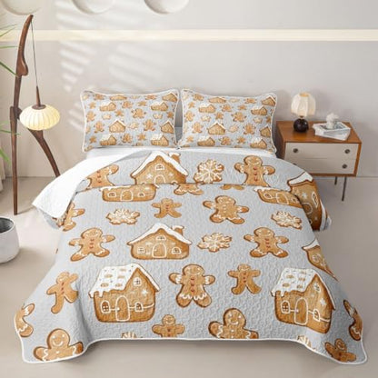 Feelyou Christmas Quilt Set Queen Size Ash Gray & Warm Tan Lightweight Bedspread