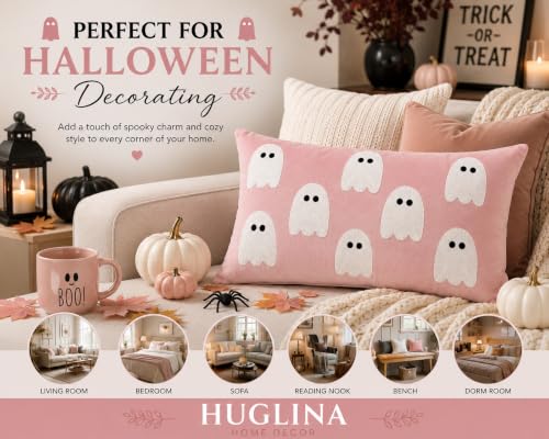Halloween Pink Velvet Lumbar Throw Pillow with Ghost Embroidery 12x20"