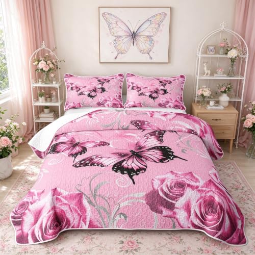 Pink Butterfly Quilt Set Queen Size 3D Bedspread with Pillowcases Kids Girls