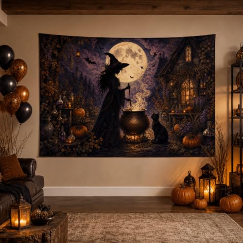 Halloween Witch Cauldron Wall Tapestry - 40x30 Inches Gothic Moonlit Decor