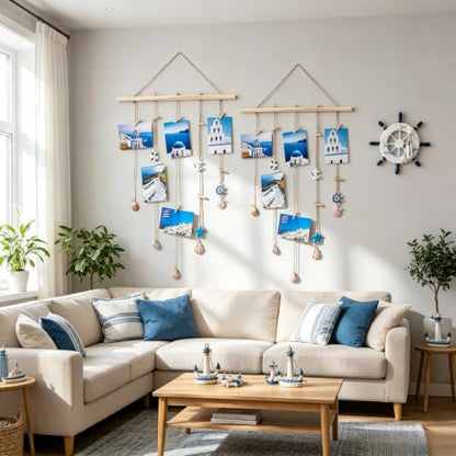 Nautical Photo Display Wall Hanging with Clips - Coastal Decor, Blue Seashell L