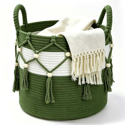 Green Cotton Rope Blanket Basket for Living Room Storage & Toy Organizer