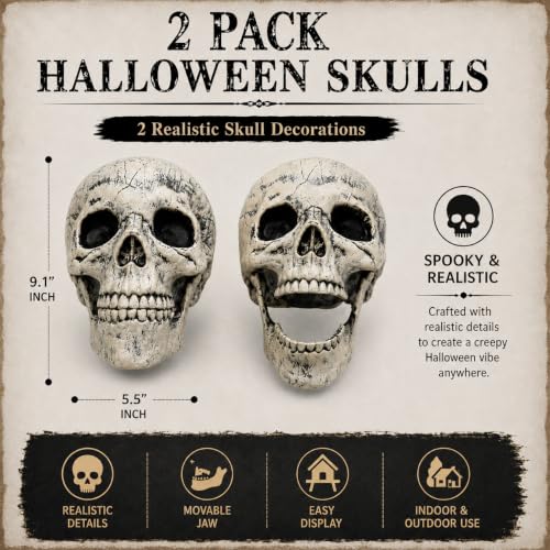 AISENO 2 Pack Realistic Skeleton Skull Halloween Yard Decorations Outdoor Indoor