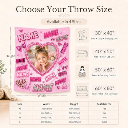 Personalized Pink Girl Photo Blanket - Custom Kids Throw with Text & Image