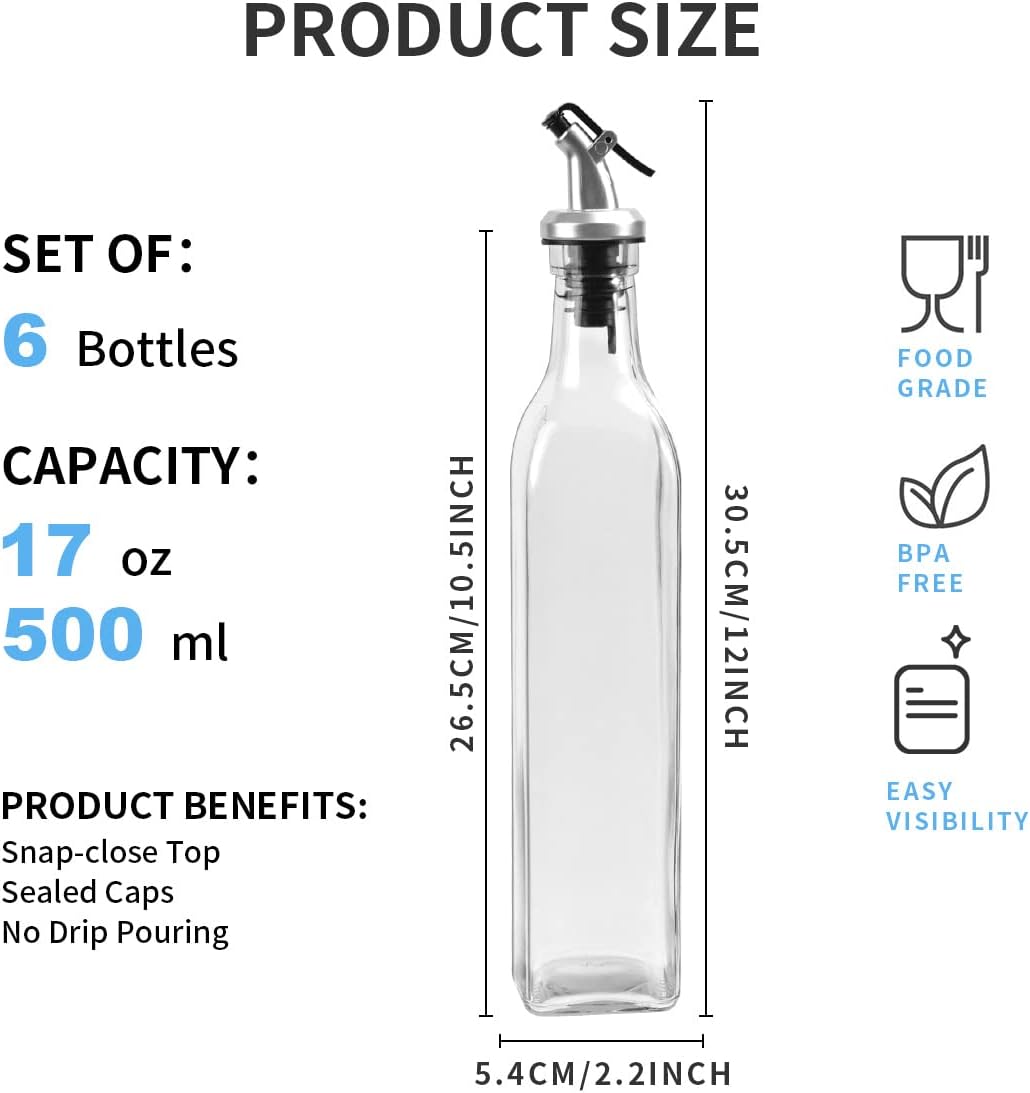 YULEER Olive Oil Bottle Dispenser, 6 Pack 17oz / 500ml Glass Oil and Vinegar Dispenser Bottles for Kitchen with Airtight Nozzle Plug & Pouring Spouts
