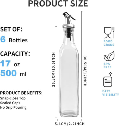 YULEER Olive Oil Bottle Dispenser, 6 Pack 17oz / 500ml Glass Oil and Vinegar Dispenser Bottles for Kitchen with Airtight Nozzle Plug & Pouring Spouts