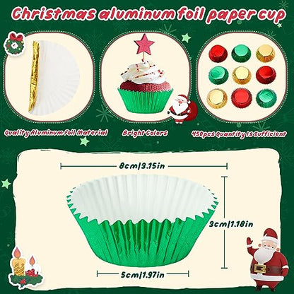 Christmas Foil Cupcake Liners Set - Red Green Gold Metallic 450pcs