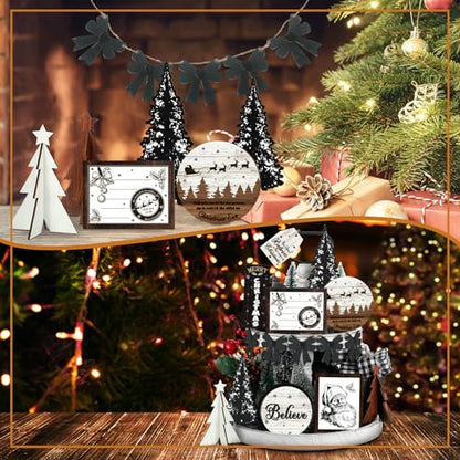 FairySandy Christmas Tiered Tray Decor Set Santa Style 15 Pcs Wooden Signs