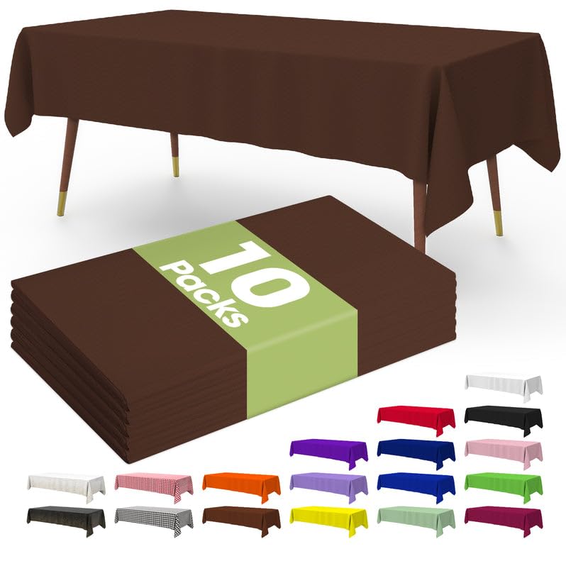 Pureegg Premium Disposable Table Cloth - 10 Pack, 54 x 108 Inch Table Cloths for Parties, Decorative Tablecloths for Rectangle Tables, White Plastic Table Cover, Leakproof & Sturdy, Brown