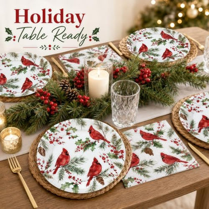 Christmas Paper Plates and Napkins Set - Cardinal Holiday Design - 50 Pieces