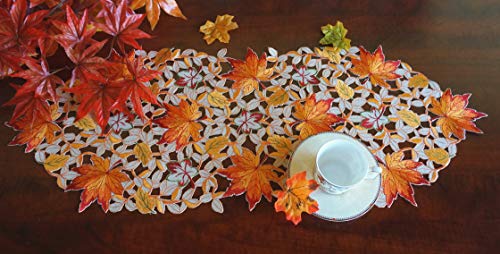Fall Halloween Table Runner 13x36 Inches with Embroidered Pumpkins and Maple Leaves - Autumn Decor