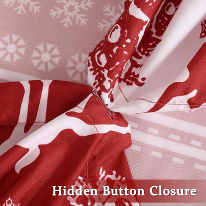 Christmas Reindeer Duvet Cover King Size - Red & White Microfiber Bedding Set with Reversible Holiday Print - STARBEDIA