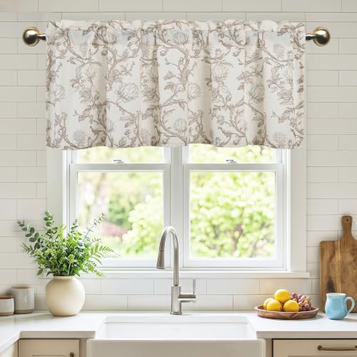Protea Line Linen Valance Curtain 52x14 Inch Taupe Farmhouse Style
