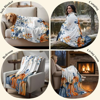 Fall Maple Branch Flannel Blanket for Bed and Couch, 30x40 Inches - Orange Blue White, Cozy Throw for All Seasons