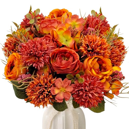 Fall Artificial Flower Bouquet Set - Burnt Orange Peony & Chrysanthemum Decor, 2 Bundles