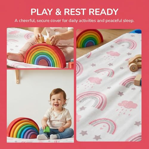 Rainbow Cot Sheets for Daycare - Fits 23 x 52 Inch Toddler Cots, 4 Pack