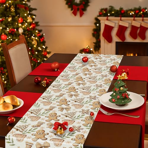 Christmas Gingerbread Man Table Runner 13x72 Inch Seasonal Kitchen Decor