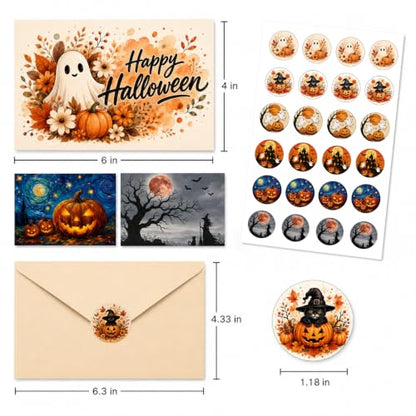 Halloween Greeting Cards Set with Envelopes and Stickers - 24 Pack 4x6in