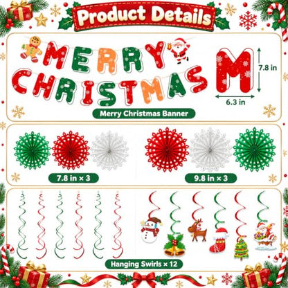 Christmas Party Decorations Set with Banner, Paper Fans & Swirls - Red Green Holiday Decor