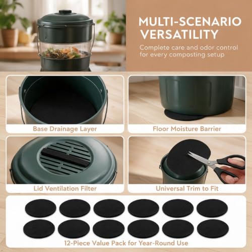 12 Pack 6.7 Inch Charcoal Compost Bin Filters for Odor Control